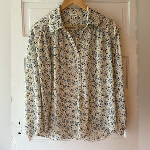 Max Studio Blue and Cream Floral Top with Embroidered Detail